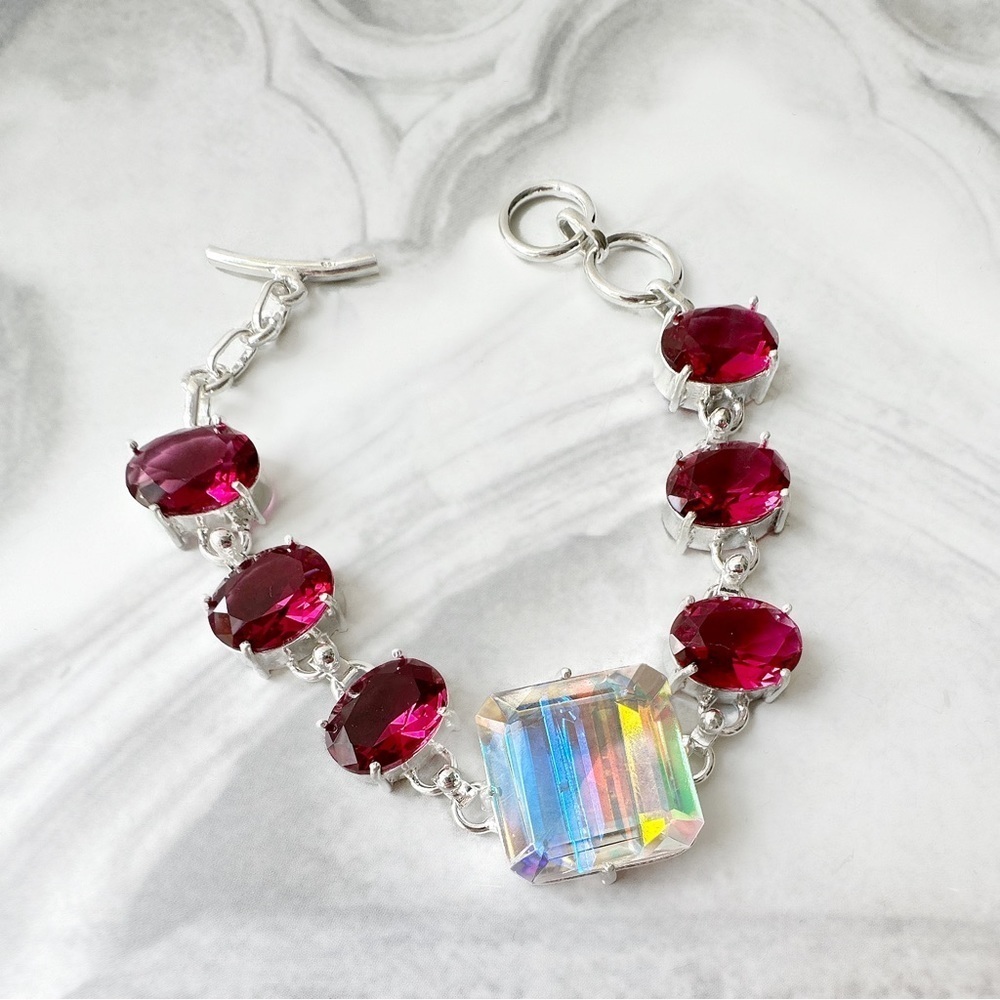 Artisan Silver Rainbow Fire Mystic Topaz & Rubylite Tourmaline Gemstone Bracelet